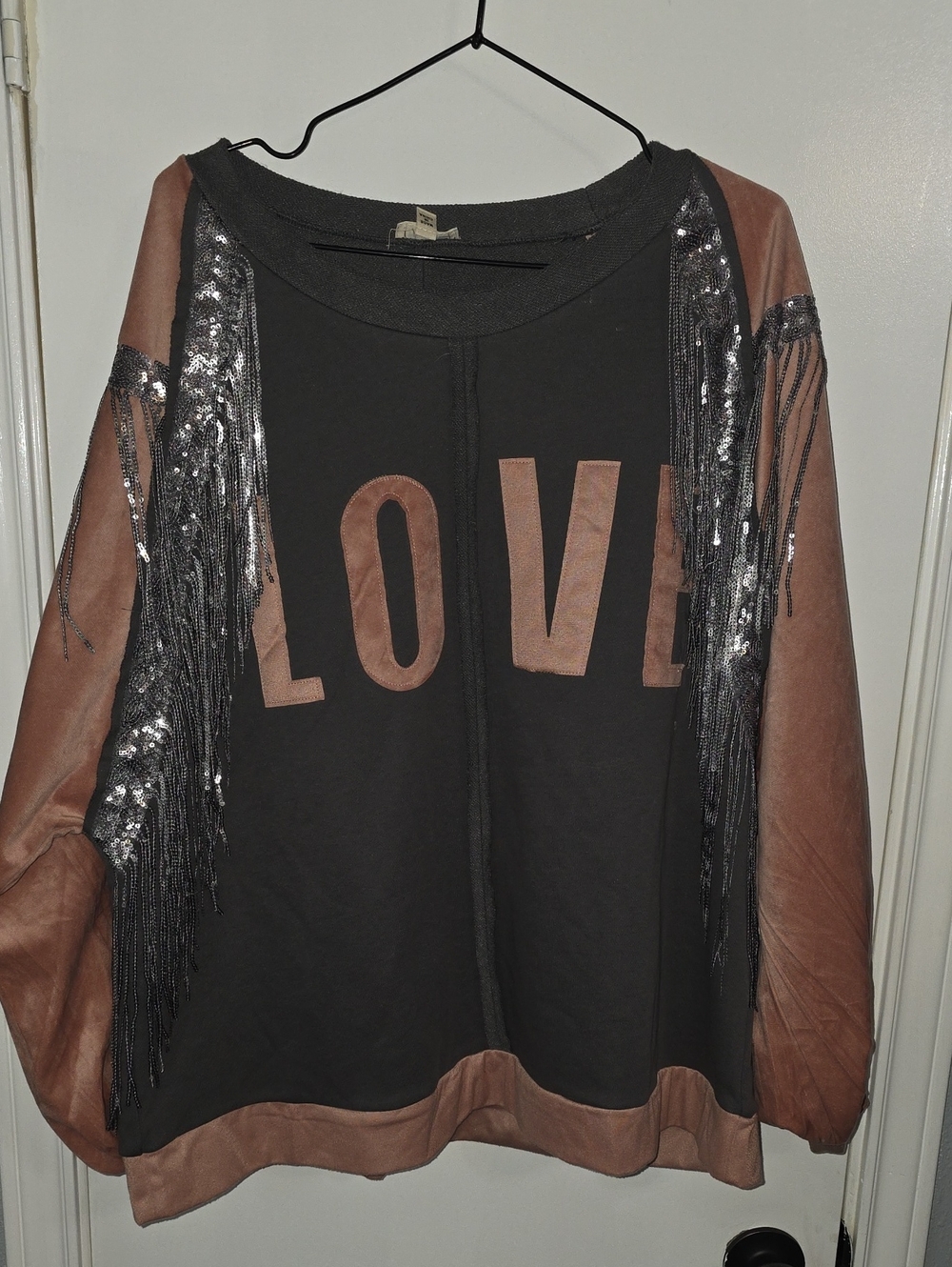 POL Gray and Pink Blush 'LOVE' Sweatshirt with Sequin Fringe Sz M
